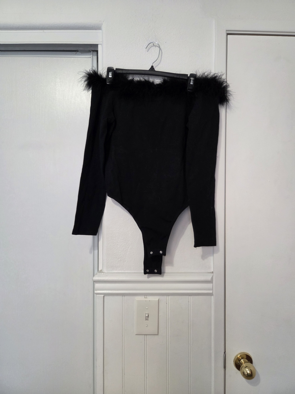 Valfre Black Off-Shoulder Faux Fur Trim Long Sleeve Bodysuit